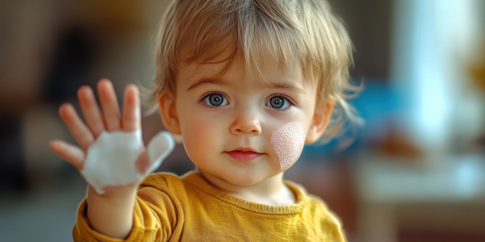 Child with a bandaged hand smiling and waving in a cozy indoor setting during daylight hours